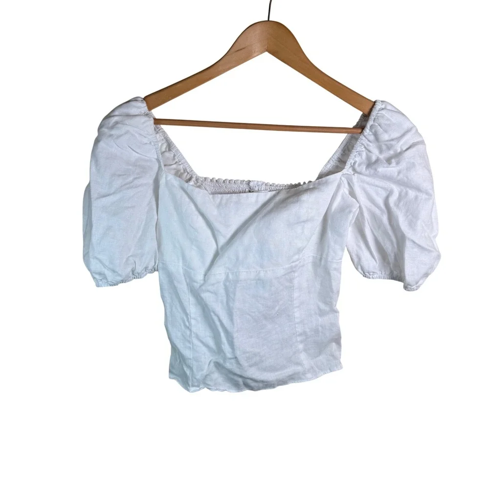 REFORMATION Rory Linen Top Women 8 White Smocked Puff Sleeve Milkmaid Coquette